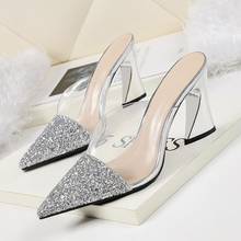 Pointed High Heels Spike Heel Slippers Women New Summer Shoes Woman Fashion Bling Slip-On Party Shoes Sequined Cloth Clear Heels 2024 - buy cheap