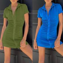 Summer Party Basic Dresses Ladies Short sleeve Womens Solid Bodycon Stretch Mini Dress Turndown Collar Slim Pencil Short Vestido 2024 - buy cheap