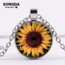 Fashion Sunflower Necklace for Women Girls Jewelry Art Plant Flower Painting Glass Cabochon Pendant Necklace Clothes Accessories 2024 - buy cheap
