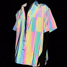 Мужская рубашка с коротким рукавом, весна-лето, цветная Светоотражающая уличная хип-хоп блуза в стиле панк, винтажная Повседневная Радужная Светоотражающая рубашка 2024 - купить недорого
