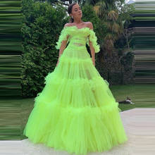 Neon Green Ruffles Tiered Neckline Long Party Dresses For Women Off The Shoulder Prom Gowns Sexy Backless Vestido De Mulher 2021 2024 - buy cheap