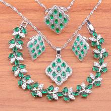 2020 nova cor prata conjuntos de jóias para mulheres presente de aniversário brincos de cristal verde anel pingente pulseira conjunto js0736 2024 - compre barato