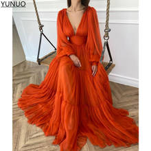 YUNUO-Vestidos de Noche de gasa escalonados para mujer, túnica larga Formal con cuello de pico profundo, color naranja, para fiesta y Noche 2024 - compra barato