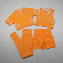 Conjunto esportivo feminino sem costura, roupa de ginástica de manga curta com calça legging e top de cintura alta, 4 peças 2024 - compre barato