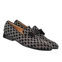 COOL New Designs Chess Checkered Men's Slip-On Slides Smoking Dresses Loafers with Silk Bow tie Prom Slippers Flat Shoes Casual 2024 - buy cheap
