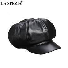 LA SPEZIA Black Newsboy Cap Women Genuine Leather Caps Casual Octagonal Hat Sheepskin Natural Leather Female Luxury Caps Autumn 2024 - buy cheap