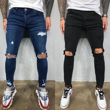 Calças de brim da forma dos homens magros rasgado estiramento magro denim calças de hip hop tamanho grande para o sexo masculino primavera verão preto azul legal 2024 - compre barato