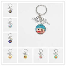 Happy camping cute car travel camper road sign glass cabochon keychain traveler keychain charm jewelry wholesale 2024 - buy cheap