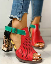 Женские босоножки; Летняя обувь из флока на блочном каблуке; Женские классические сандалии с пряжкой на ремешке; Женская модная обувь на высоком каблуке; Zapatos De Mujer 2024 - купить недорого