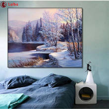 3d round square diamond embroidery Abstract natural landscape, snow forest on the river bank  Diy full diamond painting 2024 - buy cheap