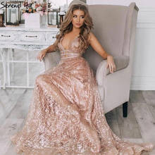 Serene Hill Rose Gold Deep-V Sexy Tulle Evening Dress 2020 Sleeveless Glitter A-Line Formal Party Gown CLA60922 2024 - купить недорого