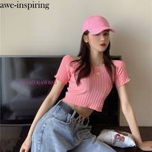 awe-inspiring Women T-shirt Off Shoulder Knitting Crop Tops Women Fashion Solid Short Sleeve Skinny Sexy T-shirts Summer Tees 2024 - buy cheap