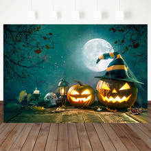 Fondo de fotografía de Halloween, farol de calabaza, árbol, murciélago, Luna, suelo de madera, cartel de fiesta, decoración para estudio fotográfico 2024 - compra barato