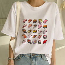 Camiseta feminina estampa de gato e sushi, camiseta feminina manga curta gola redonda 2024 - compre barato