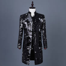 Пиджак средней длины с блестками, однобортный мужской Красивый Ветровка, костюм для сцены, приталенный осенне-зимний пиджак 2024 - купить недорого