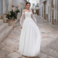 Thinyfull 2020 элегантные свадебные платья с длинным пышным рукавом, Прозрачное платье с глубоким вырезом для невесты, кружевные платья с аппликацией на пуговицах, Vestidos de novia 2024 - купить недорого