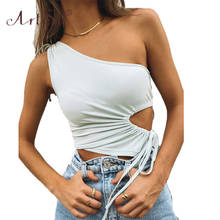 ArtSu Solid Casual Side Drawstring Summer Tank Top One Shoulder Sexy Hollow Out Women Crop Top Tees Streetwear Black White 2024 - buy cheap