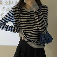 Camisa feminina listrada de manga comprida, casaco cardigã folgado de tricô com manga comprida, blusa feminina para primavera e outono, novo, 2021 2024 - compre barato