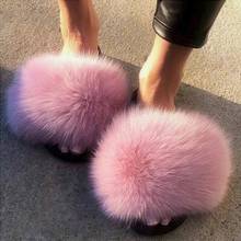 Hot Summer Women Fox Fur Slippers Real Fur Slides Female Indoor Flip Flops Casual Raccon Fur Sandals Furry Fluffy Plush Shoes 2024 - buy cheap