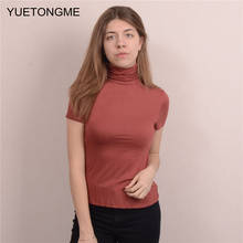 Camiseta feminina elástica de algodão com gola alta, básica, casual, de manga curta, bt090, 2020 2024 - compre barato