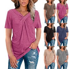 Camiseta feminina casual de verão, cor sólida, decote torção, casual, manga curta, pulôver solto, camisa de base, camiseta feminina 2024 - compre barato