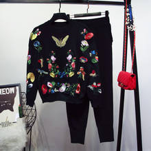 Vintage Flower Butterfly Embroidery Women Knitted Tracksuit Outfits Black Long sleeve Pullover Long Pants Set Casual Sports Suit 2024 - buy cheap