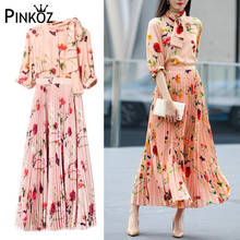 Pinkoz women two pieces set pink flower printed lace up elegant lady blouse tops midi pleated skirt office clothin party chic za 2024 - buy cheap