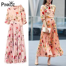 Pinkoz-Conjunto de dos piezas para mujer, blusa rosa con estampado de flores y cordones, elegante, Falda plisada por debajo de la rodilla, ropa de oficina para fiesta, za 2024 - compra barato