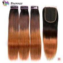 Brennas Double Drawn straight bundles with closure Brazilian Remy Human hair weave with 4x4 closure ombre 1b427 for black women 2024 - buy cheap