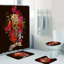 Black Skull and Flowers Day of The Dead Shower Curtain Mat Set Waterproof Bathroom Curtain Toilet Mat Bath Rugs Carpet Halloween 2024 - buy cheap
