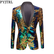 PYJTRL Full Sequins Series Gold Leaves Pattern Sequins Blazer DJ Night Club Singers Slim Fit Men Suit Jacket Stage Shiny Costume 2024 - buy cheap