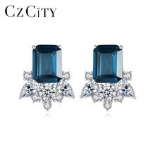 CZCITY Gemstone Square Sapphire Stud Earrings for Women Wedding Engagement Fine Jewellery Real 925 Sterling Silver Brincos Gifts 2024 - buy cheap