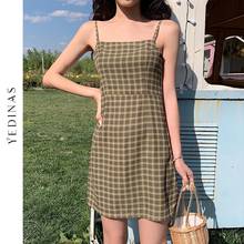 Yedinas Mini Dress Women Summer Plaid Spaghetti Strap Short Dress Casual Clothes Plus Size Vestidos Sexy Dresses Korean Style 2024 - buy cheap