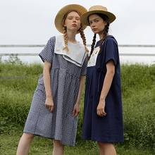 Summer New Original Design Women Cotton Dress Short Sleeve Sailor Collar Plaid Dresses High Waist Knee Length 2024 - buy cheap