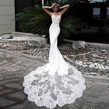 Очаровательное атласное свадебное платье русалки из ацетата с глубоким вырезом и длинным кружевным шлейфом, сексуальное свадебное платье vestido de noiva barato 2024 - купить недорого