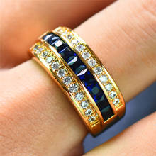 Male Female Blue Crystal Ring 18KT Yellow Gold Color Wedding Ring Promise Bride Geometry Engagement Rings For Women Men 2024 - buy cheap