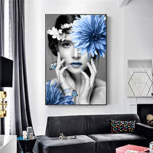 Estilo escandinavo azul bela flor menina pintura da lona parede arte imagens para sala de estar nordic decoração arte casa 2024 - compre barato