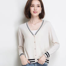 2020 New V-Neck Line Striped Women Sweater metal Button Cardigan Sweater Loose-Fit Laziness Graceful Knitted Coat Tops basic 2024 - buy cheap