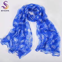 [BYSIFA] Blue Women Silk Scarf Head Scarf Fashion Accessories New Spring Elegant Silk Long Scarves Summer Ladies Beach Shawl 2024 - buy cheap