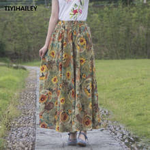 TIYIHAILEY Free Shipping 2021 New Fashion Long Maxi A-line Elastic Waist Women Cotton Linen Print Flower Summer Big Hem Skirts 2024 - buy cheap