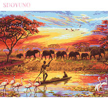 Sdouno kit de pintura por número com moldura, faça você mesmo com quadro para adultos grupo de elefante do anoitecer paisagem, pinturas acrílicas pintadas à mão para pintura 2024 - compre barato