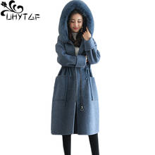 UHYTGF Fur collar winter wool coat Women zipper hooded high quality autumn woolen coat loose plus size coats long top female 282 2024 - buy cheap