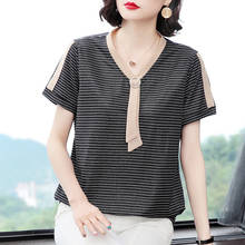 Blusa feminina casual listrada manga curta, camiseta feminina estilo primavera verão zz0663 2024 - compre barato