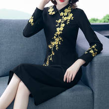 2022 Spring Autumn Bodycon Casual Midi Dress Black Floral Embroidery Vintage Plus Size Elegant Vestido Long Sleeve Party Dresses 2024 - buy cheap