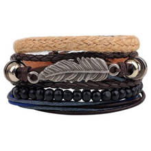 Pulseira de couro masculina, bracelete com múltiplas camadas trançadas, feito à mão, de madeira, com pedras, corda, para presente 2024 - compre barato