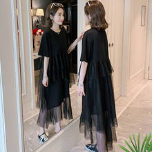 #2324 tshirts vestidos para mulheres preto verão emendado malha irregular algodão manga curta o-pescoço tshirt vestido mulher roupas coreanas 2024 - compre barato