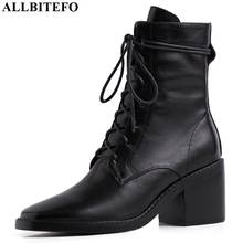 ALLBITEFO High quality genuine leather women boots Retro style ankle boots fashion Autumn Winter high heel boots comfortable 2024 - buy cheap