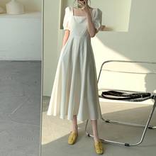 Vestido de verão chamativo de moda coreana, vestido casual, preto, branco, cintura alta, gola quadrada, manga bufante, vestidos vintage franceses 2024 - compre barato