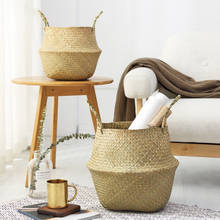 Casa dobrável natural seagrass tecido cestas de armazenamento jardim vaso de flores cesta de suspensão com alça de armazenamento cesta de barriga 2024 - compre barato