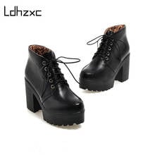 Ldhzxc-botas femininas de couro, plataforma para motocicleta, calçado feminino de salto alto com cadarço, plataforma oxford 2024 - compre barato